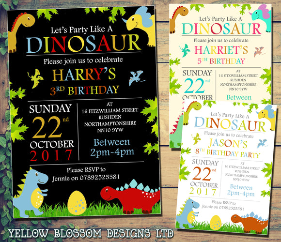 Dinosaur Party Invitations - Birthday Invites Boy Girl Joint Party Twins Unisex Printed Children's Kids Child ~ QUANTITY DISCOUNT AVAILABLE