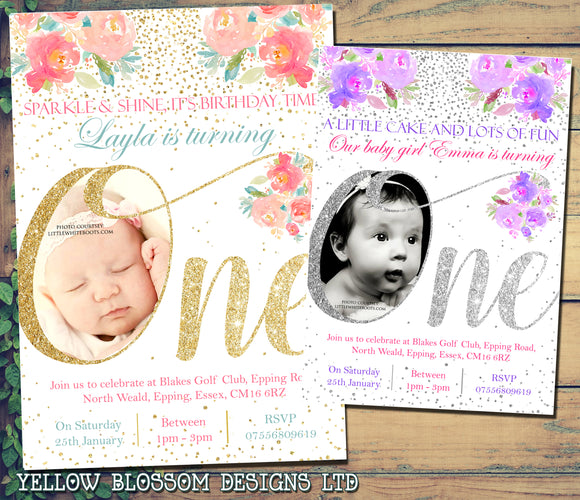 Cute Flowers Personalised 1st ONE Birthday Invitations ~ Glitter Effect ~ Printed Photo