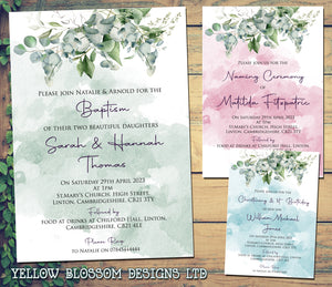 10 Personalised Christening Invitations Baptism Naming Joint Boy Girl Greenery Twins Unisex Blue Pink Green