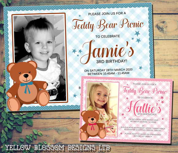 Cute Brown Teddy Bear Picnic Blanket Children's Party Invitations