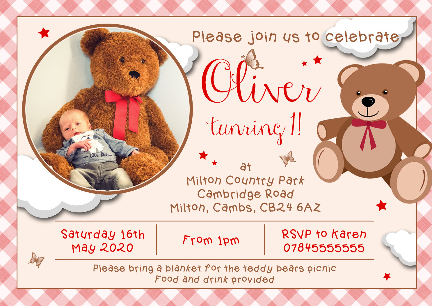 First Birthday Teddy Bear Picnic Birthday Party Invites –  YellowBlossomDesignsLtd, image size:1485x1050