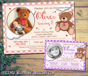 Cute Brown Teddy Bear Picnic Blanket Children's Party Invitations