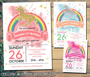 Personalised Invite Invitations Birthday Children Rainbow Unicorn Girlie Fun Girl Female Hearts Stars Pink Purple Orange Yellow Green Red