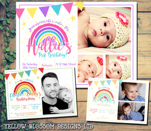  Personalised Photo Invitations Rainbow Birthday Party Boy Girl Joint Baptism