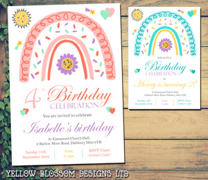 10 Personalised Rainbow Party Invitations Birthday Invites Boy Girl Children Fun Sun Hearts Star Classic Simple Elegant Effective Blue Coral Lilac Turquoise