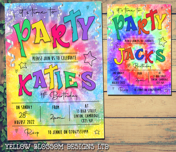 10 Personalised Rainbow Tie Dye Invitations Birthday Party Invites Boy Girl Street Art