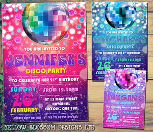 10 Personalised Kids Adult Disco Party Invitations Birthday Invites Dance Party Boy Girl Man Woman Unisex Disco Ball Blue Pink Rainbow Purple