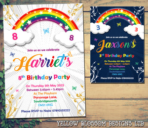 Personalised Rainbow Invitations Birthday Party Boy Girl Joint Thank You Notes Christening Naming Day Invites Child Kids Funky Fun…