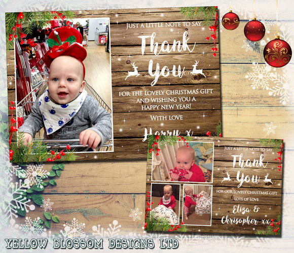 Rustic Wood Background Effect Reindeer Thank You Cards With Photo