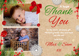 Rustic Doily Button Festive Florals Christmas Photo Thank You Cards