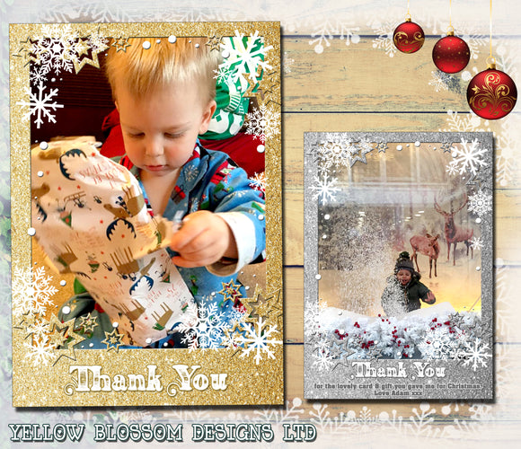 Thank You Cards With Photo Christmas Xmas Glitter Effect Printed Border