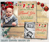 Vintage Rustic Stocking Bunting Personalised Folded Flat Christmas Thank You Photo Cards Family Child Kids ~ QUANTITY DISCOUNT AVAILABLE