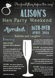 Chalk Board Final Fling Before The Ring Cocktail Glass Hen Weekend Itinerary Cards Hen Party Invites Bride To Be ~ QUANTITY DISCOUNT AVAILABLE - YellowBlossomDesignsLtd