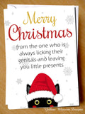 Cat Animal Pet Funny Christmas Greeting Card ~ Lick Genitals & Leave Presents
