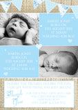 Hessian Rustic Shabby Chic Message Note New Born Baby Twin Birth Announcement Photo Cards Personalised Bespoke ~ QUANTITY DISCOUNT AVAILABLE