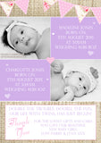 Hessian Rustic Shabby Chic Message Note New Born Baby Twin Birth Announcement Photo Cards Personalised Bespoke ~ QUANTITY DISCOUNT AVAILABLE