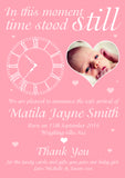 In This Moment Time Stood Still Clock Message Note New Born Baby Birth Announcement Photo Cards Personalised Bespoke ~ QUANTITY DISCOUNT AVAILABLE