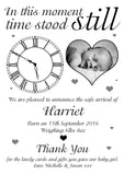 In This Moment Time Stood Still Clock Message Note New Born Baby Birth Announcement Photo Cards Personalised Bespoke ~ QUANTITY DISCOUNT AVAILABLE