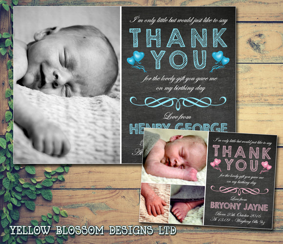 Chalkboard Balloons Blue Pink Message Note New Born Baby Birth Twin Announcement Photo Cards Personalised Bespoke ~ QUANTITY DISCOUNT AVAILABLE