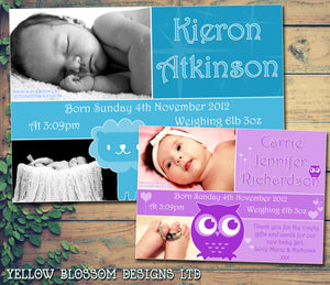 Owl Lion Boy Girl Twins New Born Baby Birth Thank You Announcement Photo Cards Personalised Bespoke ~ QUANTITY DISCOUNT AVAILABLE
