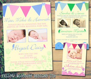 Vintage Shabby Chic Bunting Boy Girl Twins New Born Baby Birth Announcement Photo Cards Personalised Bespoke ~ QUANTITY DISCOUNT AVAILABLE