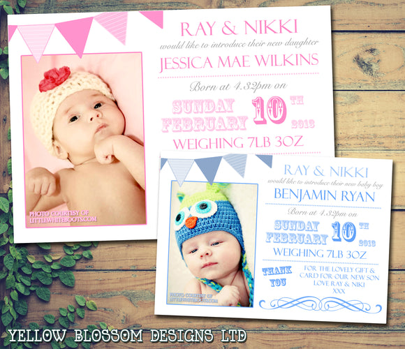 Shabby Chic Bunting Poster Carnival Message Note New Born Baby Birth Announcement Photo Cards Personalised Bespoke ~ QUANTITY DISCOUNT AVAILABLE