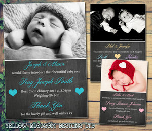 Chalkboard Pink Blue Thank You New Born Baby Birth Twin Announcement Photo Cards Personalised Bespoke ~ QUANTITY DISCOUNT AVAILABLE