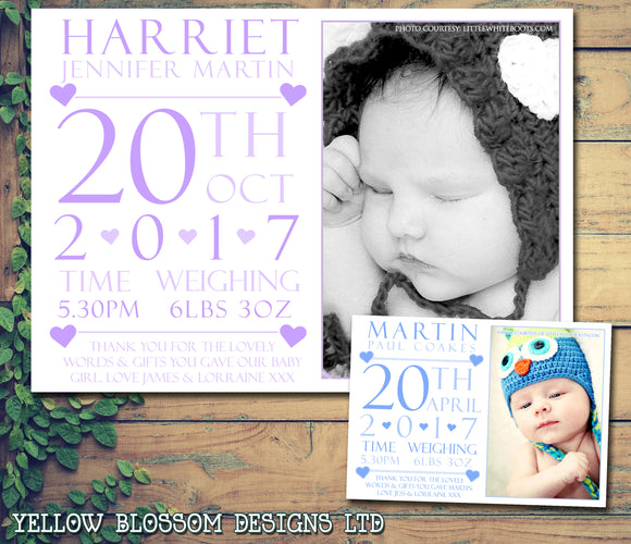 Blue Pink Purple Lilac Thank You New Born Baby Birth Announcement Photo Cards Personalised Bespoke ~ QUANTITY DISCOUNT AVAILABLE
