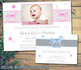 Rocking Horse Pink Blue Thank You Message Note New Born Baby Birth Announcement Photo Cards Personalised Bespoke ~ QUANTITY DISCOUNT AVAILABLE