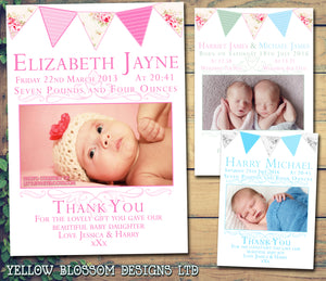 Shabby Chic Rustic Bunting Boy Girl Twins New Born Baby Birth Announcement Photo Cards Personalised Bespoke ~ QUANTITY DISCOUNT AVAILABLE
