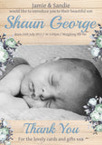 Wooden Background Rustic Natural Shabby Chic Flowers New Born Baby Birth Announcement Photo Cards Personalised Bespoke