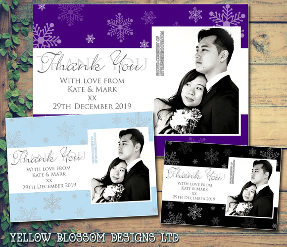 Snowflakes Winter Marriage Photo Personalised Wedding Thank You Cards ~ QUANTITY DISCOUNT AVAILABLE