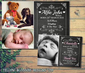 Cute Chalkboard New Born Baby Birth AnnouncementTwin Photo Cards Personalised Bespoke ~ QUANTITY DISCOUNT AVAILABLE