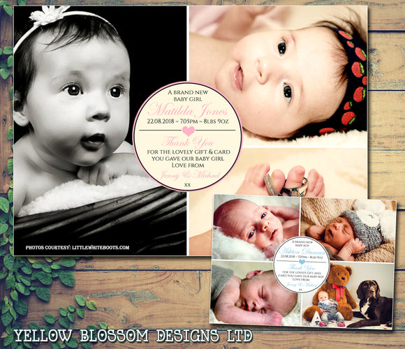 Multiple Photos Montage Circle New Born Baby Birth Twin Announcement Photo Cards Personalised Bespoke ~ QUANTITY DISCOUNT AVAILABLE