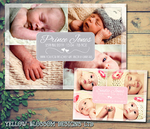 Multi Photo Card Thank You New Born Baby Birth Twin Announcement Photo Cards Personalised Bespoke ~ QUANTITY DISCOUNT AVAILABLE