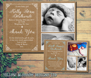 Kraft Background Rustic Natural Shabby Chic Flowers New Born Baby Birth Announcement Photo Cards Personalised Bespoke ~ QUANTITY DISCOUNT AVAILABLE