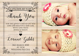 Wooden Effect Elegant Perfect Cute Thank You Message Note New Born Baby Birth Announcement Photo Cards Personalised Bespoke
