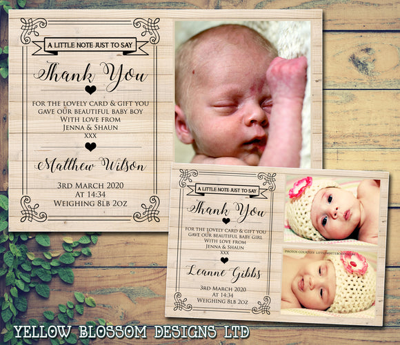 Wooden Effect Elegant Perfect Cute Thank You Message Note New Born Baby Birth Announcement Photo Cards Personalised Bespoke