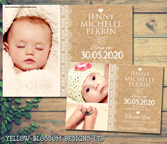 Natural Rustic Vintage White Lace New Born Baby Birth Announcement Photo Cards Personalised Bespoke ~ QUANTITY DISCOUNT AVAILABLE
