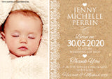 Natural Rustic Vintage White Lace New Born Baby Birth Announcement Photo Cards Personalised Bespoke ~ QUANTITY DISCOUNT AVAILABLE