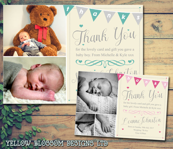 Thanks Bunting Elegant New Born Baby Birth Announcement Photo Cards Personalised Bespoke ~ QUANTITY DISCOUNT AVAILABLE