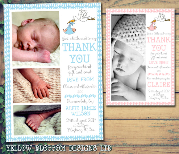 Baby Girl Boy Stork Adorable Cute New Born Birth Announcement Photo Cards Twin Personalised Bespoke ~ QUANTITY DISCOUNT AVAILABLE
