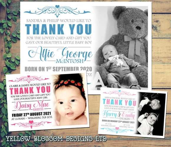 Boy Girl New Born Baby Announcement Cards Personalised Thank You Cards Child