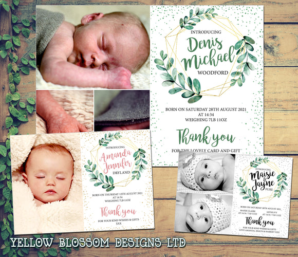  Boy Girl New Born Baby Announcement Cards Personalised Thank You Cards Twins