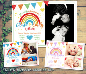 Personalised Photo Thank You Baby Rainbow Cards Announcement Boy Girl Twins