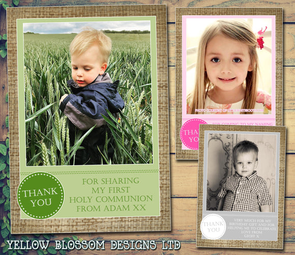 Hessian Vintage Boy Girl Twins Photo Personalised Thank You Cards Christening Baptism Naming Day Party Celebrations ~ QUANTITY DISCOUNT AVAILABLE