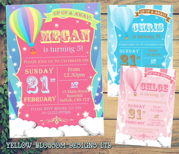 Up Up And Away Hot Air Balloon Party Invitations - Boy Girl Unisex Joint Birthday Invites Boy Girl Joint Party Twins Unisex Printed ~ QUANTITY DISCOUNT AVAILABLE