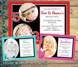 Funky Photo Invitations - Boy Girl Unisex Joint Birthday Invites Boy Girl Joint Party Twins Unisex Printed ~ QUANTITY DISCOUNT AVAILABLE
