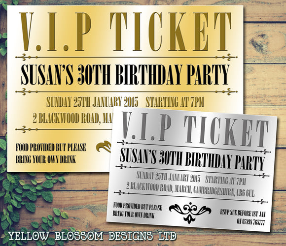 Adult Birthday Invitations Female Male Unisex Joint Party Her Him For Her - VIP Silver Gold Ticket V.I.P Golden ~ QUANTITY DISCOUNT AVAILABLE - YellowBlossomDesignsLtd