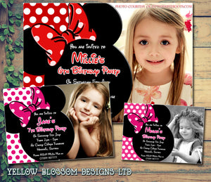 Minnie Mouse Photo Invitation - Children's Kids Child Birthday Invitations Boy Girl Joint Party Twins Unisex Printed ~ QUANTITY DISCOUNT AVAILABLE